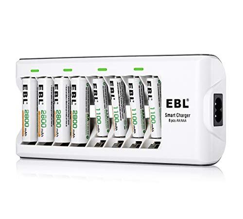 EBL Chargeur de Piles AA et AAA 8 Slots, avec 4PCS Piles Rechargeables AA 2800mAh et 4PCS AAA 1100mAh Ni-MH, Chargeur de Piles Rechargeables 8 Slots