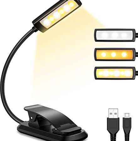 Lampe de Lecture, Rechargeable Liseuse Lampe Clip 6 LED, 3 Mode Luminosité (Blanc Froid&Chaud), 360° Cou Flexible, lampe de lecture pour lire au lit, Pince Lampe Livre pour Lecture Nocturne Voyages