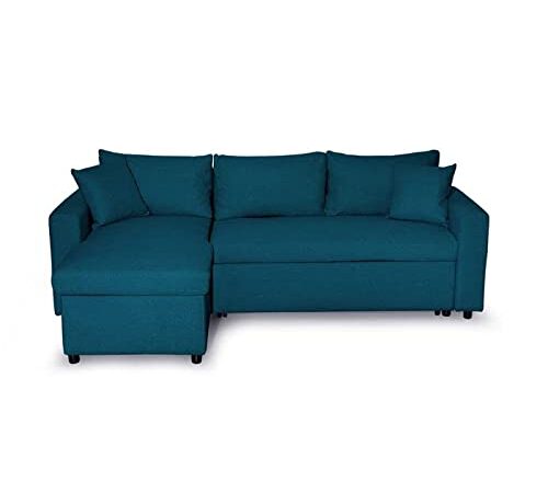 Loungitude - Canapé d'angle réversible convertible en tissu avec coffre - Bleu pétrole - 3 Places