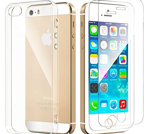 NEW'C Coque pour iPhone 5, iPhone 5S et iPhone Se 2016 Ultra Transparente Silicone en Gel TPU Souple et 2 × Verre trempé pour iPhone 5, iPhone 5S et iPhone Se Film Protection écran