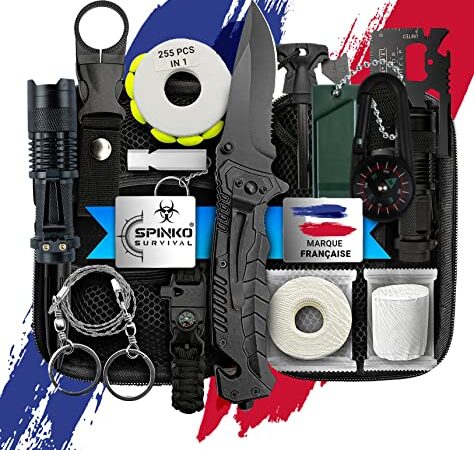 spinko Kit de Survie d'urgence 255 en 1 [ Nouveau Model 2022 ] avec Trousse de Premiers Secours, Couteau de Survie, Lampe de Poche, Allume Feu, Boussole, pour randonnée, Camping.etc