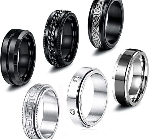 CASSIECA 6 PCS Bague Hommes Acier Inoxydable Noir Argent Tournante Chaîne Rock Bague Mariage Promise Bande Anneau Taille 54-70