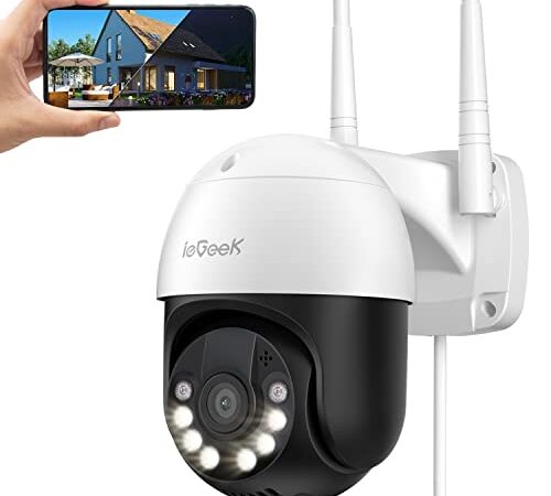 ieGeek 360° Camera Surveillance WiFi Exterieure, 1080P Vision Nocturne Couleur, Détection de Mouvement Caméra IP, Sirène et Alarme Lumineuse, Audio Bidirectionnel, Stockage Micro Carte SD ou Cloud