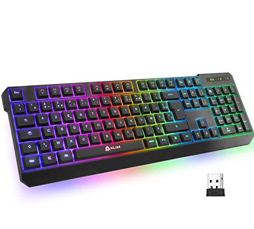 KLIM Chroma Clavier sans Fil Gamer AZERTY + Version 2022 + Fin, Durable, Ergonomique, Discret, Waterproof, Silencieux + Clavier Gamer rétroéclairé pour PC Mac + Clavier PS4 PS5 + Noir