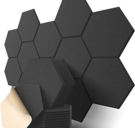 Panneaux Acoustiques Hexagonal Auto-Adhésif, 12 Pack Mousse Acoustique Haute Densité pour la Décoration Mur/Porte/Plafond et le Traitement Acoustique, Insonorisation Phonique Mur (30x30x0.9cm)