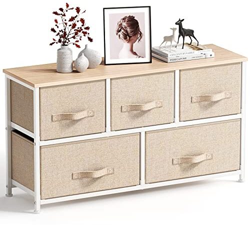 Pipishell Commode en Tissu avec 5 tiroirs, Grande Tour de Rangement, unité de Rangement avec Dessus en Bois et poignée Facile à Tirer pour placards, Salon, Chambre d'enfant, Couloir (Beige)