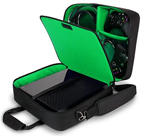 USA Gear Housse Sac de Console, Sangle d’Epaule Ajustable et Compartiments Personnalisables - Compatible avec Xbox One, Xbox One X / S, Xbox 360, PlayStation 4 Pro, PlayStation 4, PlayStation 3 - Vert