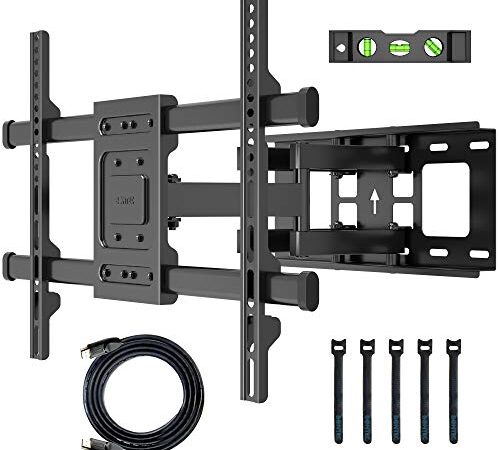 BONTEC Support TV Mural pour Télévision Plat et Incurvé LCD LED 32-75 Pouces jusqu'à 60KG, Support TV Orientable et Inclinable, Bras Doubles Solides et Robustes, Max VESA 600x400mm