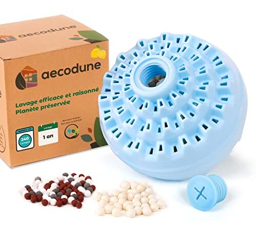 aecodune 1 An de Lessive Ecologique Economique - 240 Lavages Boule - Machine a Laver - Perles de Linge Poudre Naturelle Zero Dechet - Hypoallergenique Citron - Anti Calcaire