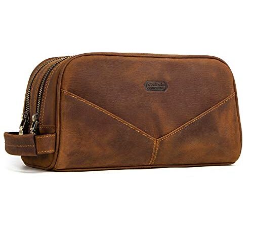 Contacts Homme Trousse de Toilette de Affaires Voyage en Cuir de Vache avec Grande Capacité Double Fermeture Éclair (1#Marron)