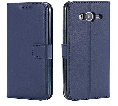 DENDICO Coque Galaxy J3 2016, Ultra Mince Coque de Protection en Cuir pour Samsung Galaxy J3 2016, Portefeuille Housse avec Stand Support et Carte de Crédit Slot - Bleu Marin