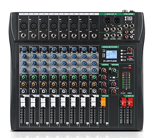 XTUGA Mélangeur Audio Professionnel, Table Mixage Audio USB Table de Mixage 8 Canaux Bluetooth MP3 Egaliseur 3 Bandes Interface USB/Audio Alimentation Fantôme 48V(CT80)