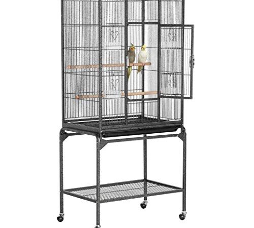 Yaheetech Grande Cage/Volière Oiseaux intérieur 65,5 x 42,5 x 136,5cm avec Support Détable à roulettes pour Perroquet Noir