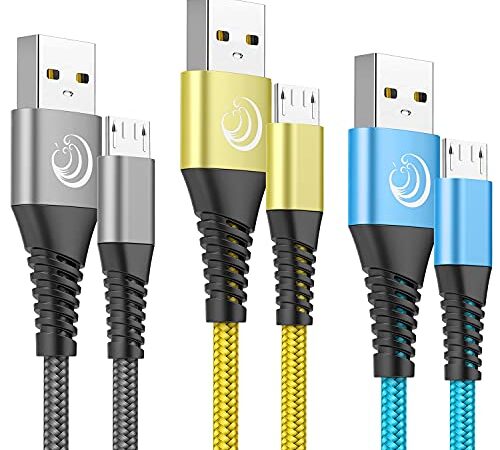 Yosou Lot de 3 Câbles Micro USB en Nylon Tressé de 2m à Charge Rapide pour Android, Long Chargeur Cordon Compatible avec Samsung Galaxy S6 edge S7 S5 J7 J6 J5 J3,LG,PS4 Manette,Huawei Honor 8x Y5/6/7