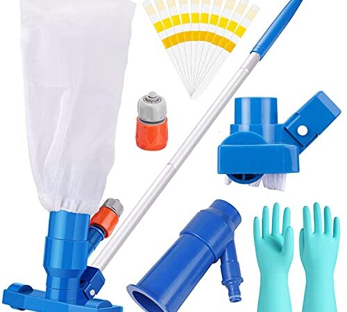 Aspirateur de Piscine,Kit d'entretien pour Piscine,Mini Aspirateur Manuel à Vide avec Brosse et 5 Pôles et Sac en Filet,Kit de Nettoyage Piscine pour Piscine Hors Sol,avec 10 PH Bandelettes Test,Gants