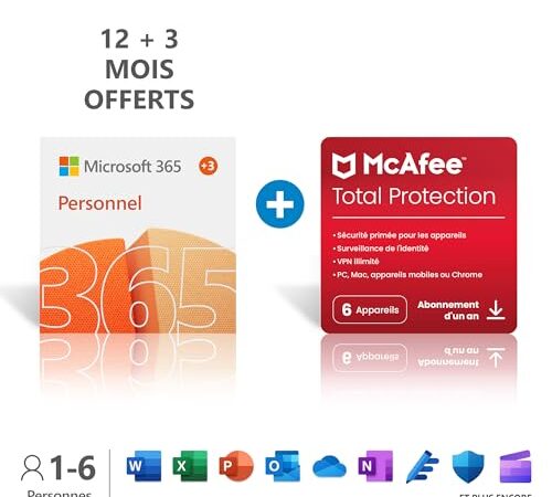 Microsoft 365 Personnel | Office 365 apps | PC/Mac/Tablet and Phone | 12+3 Mois + McAfee 2022 Total Protection | 6 appareils | 1 An | PC/Mac/Smartphones - Code d'activation - envoi par email