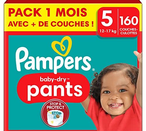 Pampers Couches-Culottes Baby-Dry Pants Taille 5 (12-17 kg), 160 Couches-Culottes Bébé, Pack 1 Mois, Maintien 360° Contre les Fuites, Faciles à Changer, Maintenant avec Plus de Couches