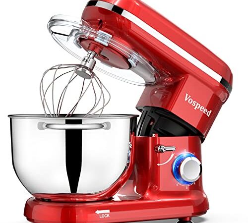 Vospeed Robot Patissier 1500W, 5.5L Gateau Mélangeur Électrique Cuisine Avec Acier Inoxydable Bowl, Batteur, Crochet Pétrisseur, Fouet Pourcuisson, Lave-vaisselle (Rouge)