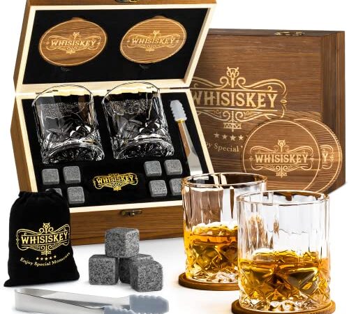 Whisiskey - Coffret Whisky - Coffret Cadeau Homme - 2 Verre a Whisky, 8 Pierre a Whisky, 2 sous-Verres & Pinces